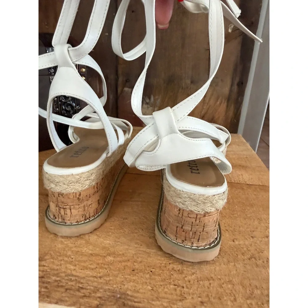 Retro White Lace Up Platform Sandals Espadrille Cork Wedge FRM1 Womens 8 41